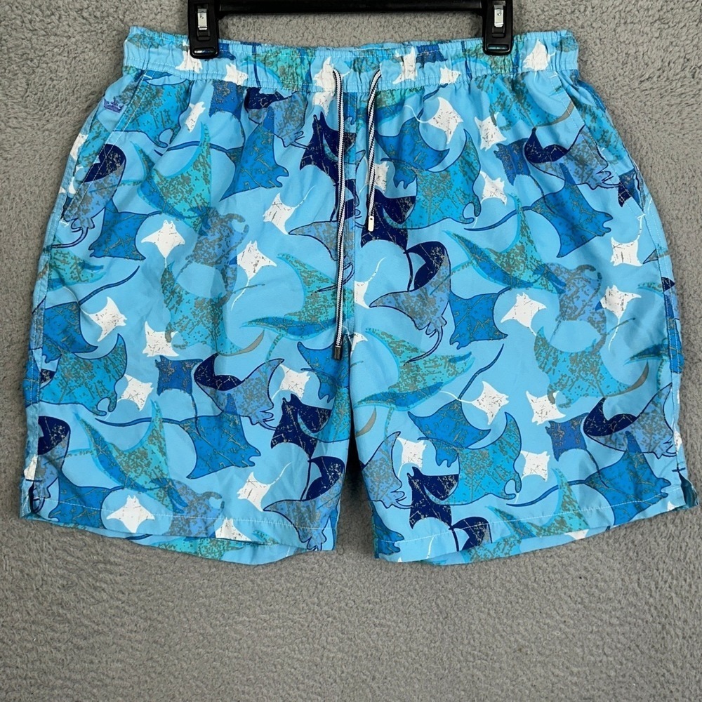 Peter Millar Swim Trunks Men XL Blue Stingray Print Mesh Lined Elastic Waist EUC